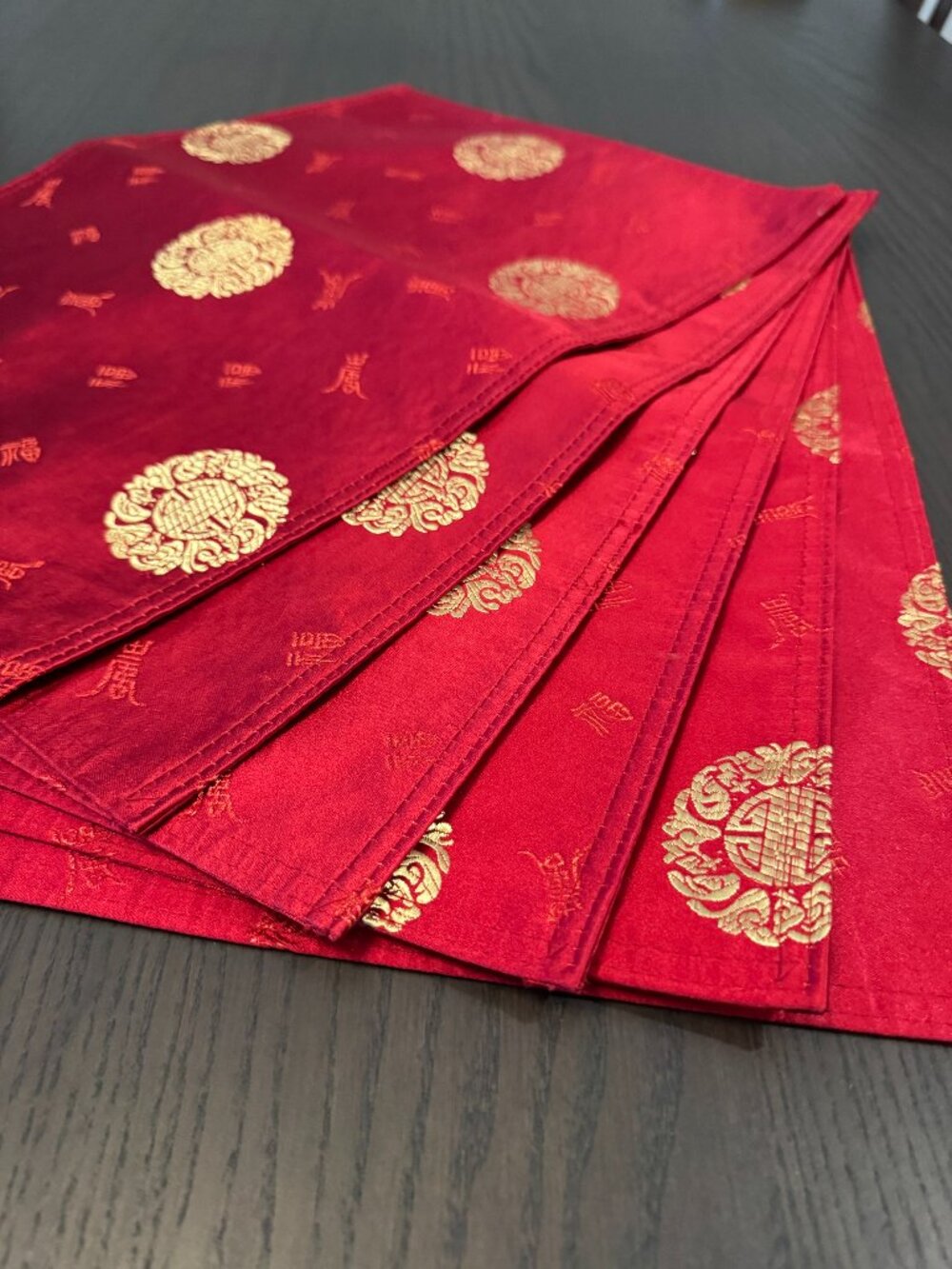 6 Satin Placemats Asian Chinese Luck Brocade Red and Gold